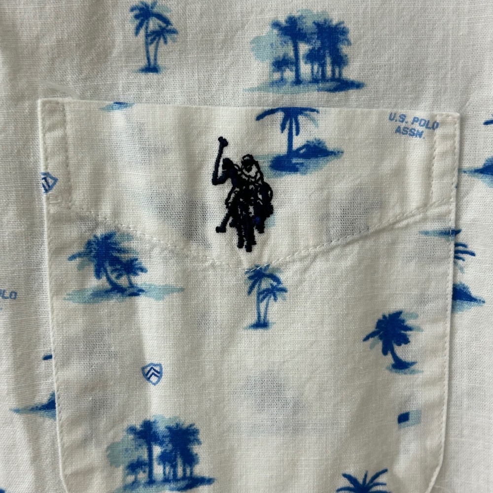 U.S. Polo Assn Button Down Pony Shirt Mens S White Blue Palm Tree Resort Beach - Picture 2 of 5